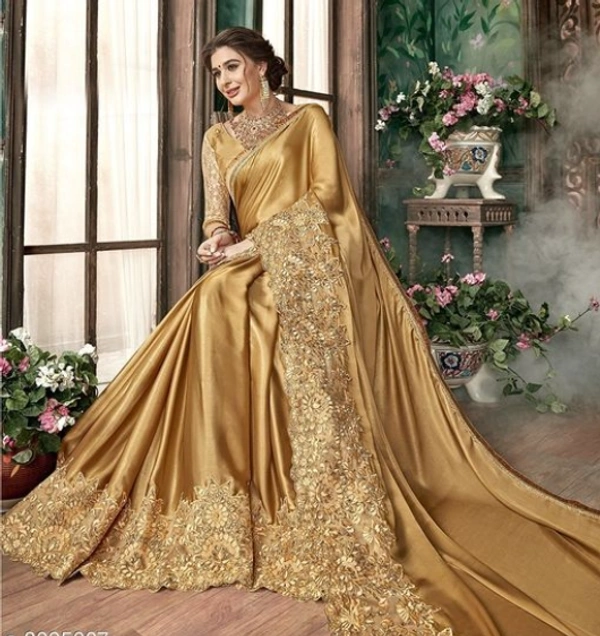 Lycra Embroidery Golden  Saree for Wedding/ Partywear - Golden